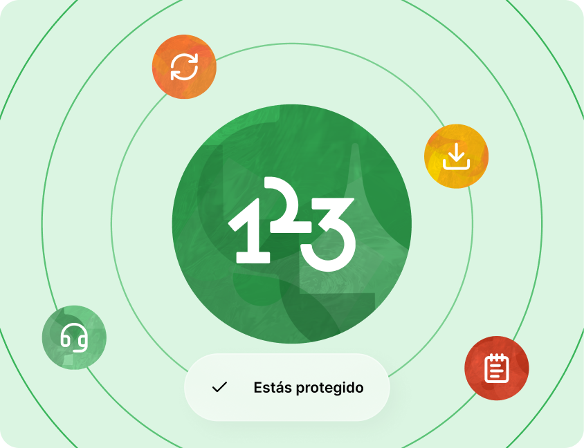 Gran logo 123 rodeado por íconos: recargar, descargar, auriculares y bloc de notas.