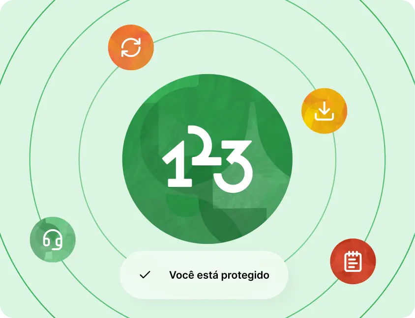 Grande logotipo 123 cercado por ícones: recarregar, baixar, fones de ouvido e bloco de notas.